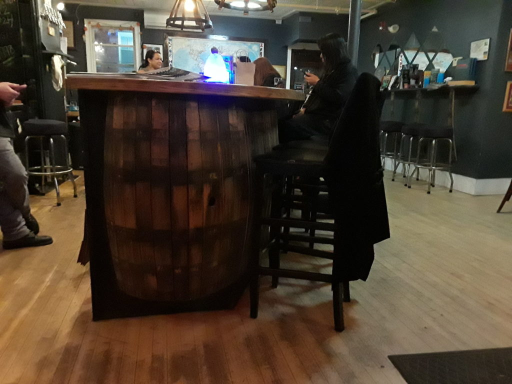 Bar made with barrel staves at 2 Feet Brewing