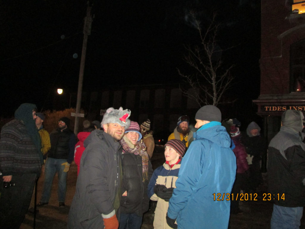 New Years Eve Revelers in Bank Square in Eastport Maine