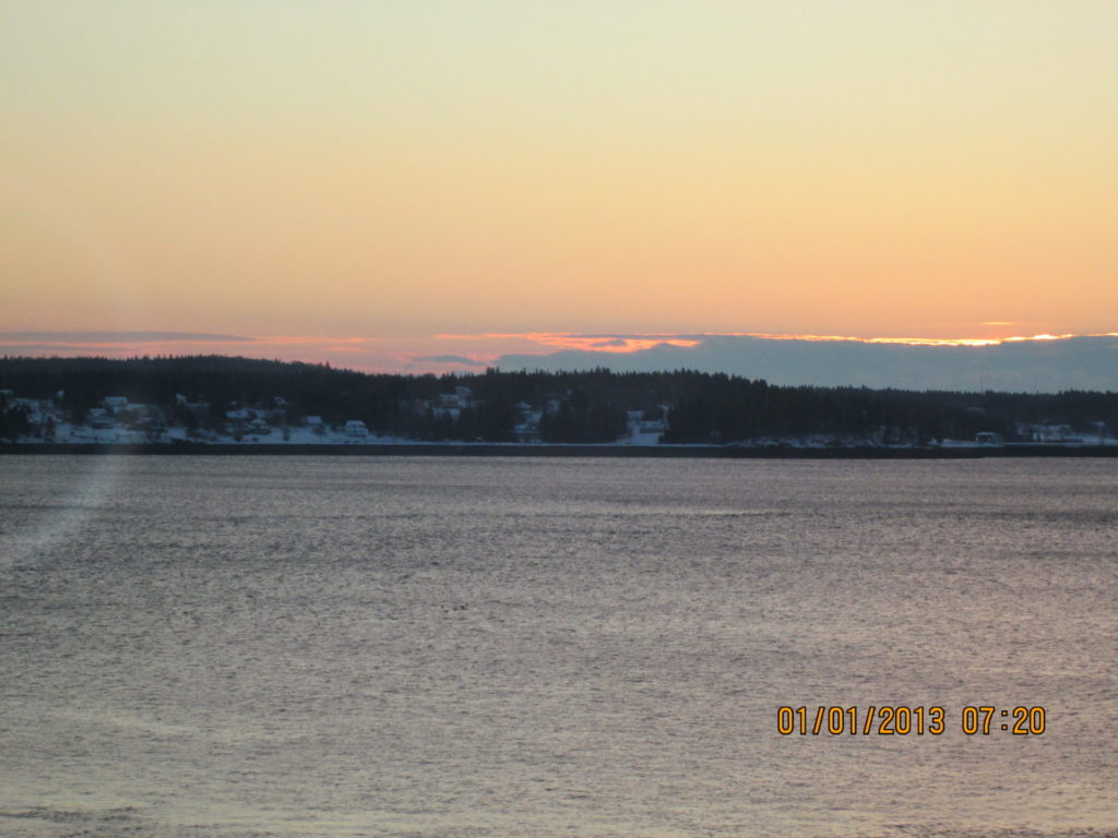 View of sunrise over Campobello Island from Eastport Maine