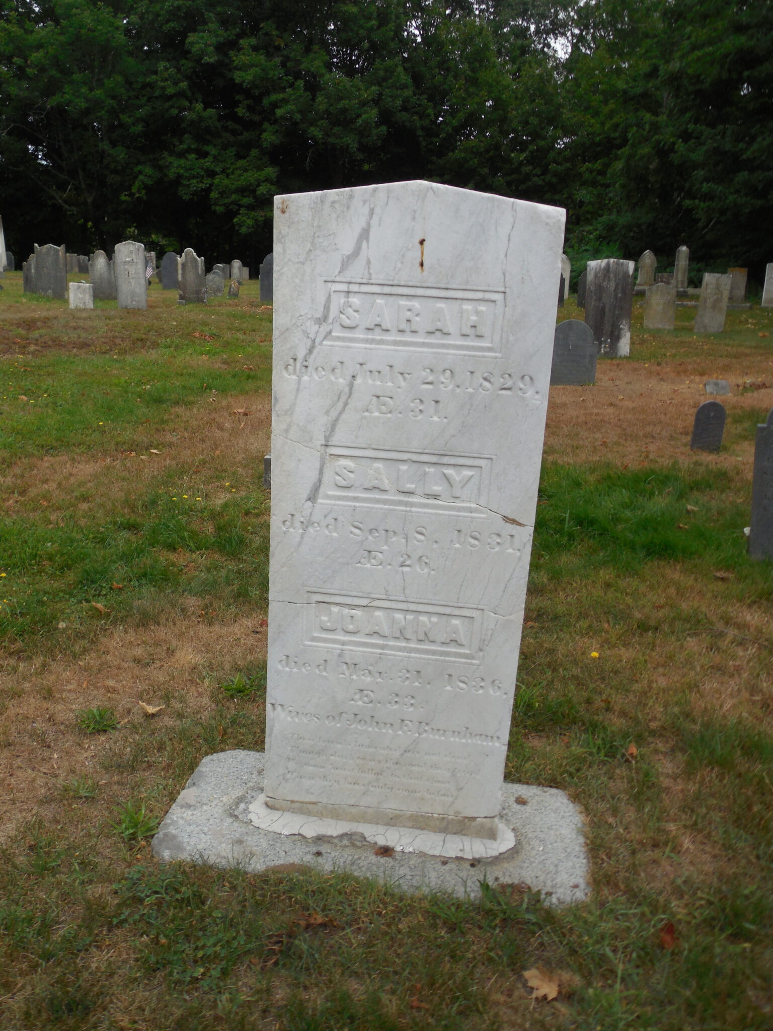 Gravestone of the three wives of John Burnham Old Burial Ground Essex, Mass.
