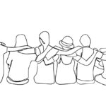 A group of men and women sitting together have their friendship - one line drawing. Single continuous line drawing about group of men and woman from multi ethnic standing together vector illustration.
